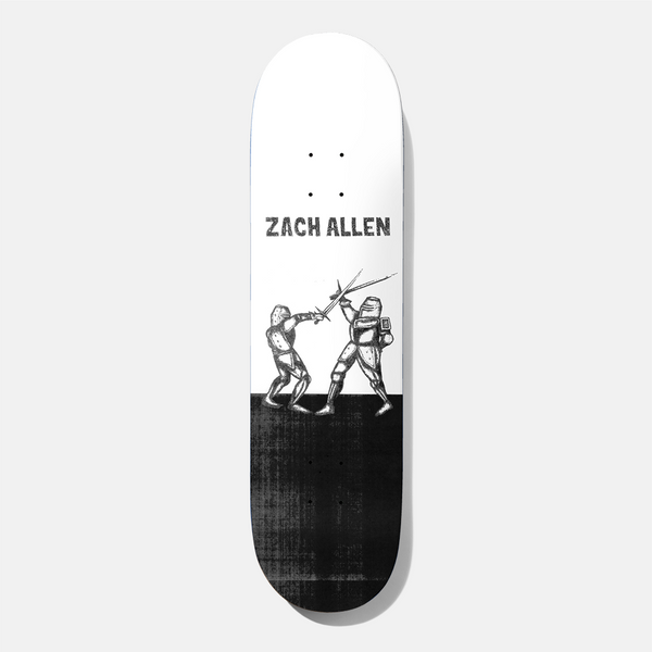 Baker Zach Crop Circles 8.25 skateboard deck: Two armoured knights duel with swords in a black and white engraving style, standing on a black lower section of a white deck. Zach Allen in dark grey capitals sits above them.