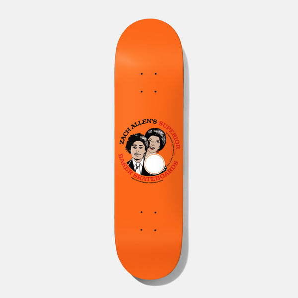 Baker Zach Dont Touch My Hair 8.38 skateboard deck: Orange deck with a circular badge reading ZACH ALLEN'S SUPERIOR BAKER SKATEBOARDS around black and white portraits of a young man with curly hair and a smiling woman with an afro, with a blank white circle overlapping.