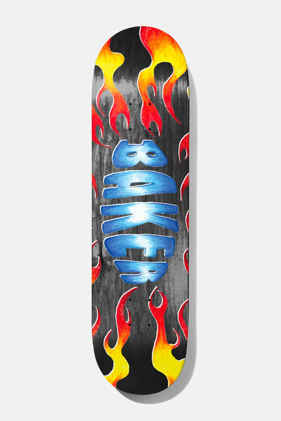 Baker Zach Flames 8.5 skateboard deck: Blue hand-painted BAKER lettering arched across the centre of a black deck, surrounded by red and yellow painted flames.
