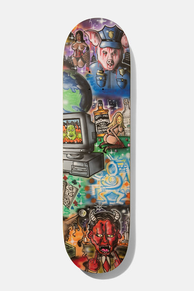 Baker Zach Hummus 8.38 skateboard deck: An airbrushed collage of a pig in police uniform, a vintage computer, a globe, a bottle of Jack Daniel's whiskey, glamour models, a red devil in a tie, playing cards and money, in graffiti style.
