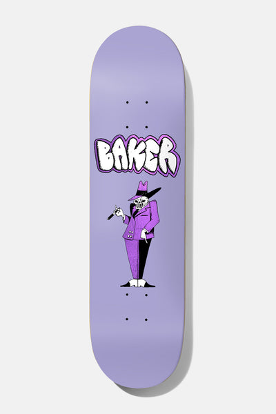Baker Zach Pimpimpin 8.5 skateboard deck: A skeleton-faced pimp figure in a purple suit and wide-brimmed hat holds a cigar, drawn in a flat cartoon style on a lilac deck, with a bubbly graffiti-style Baker logo above.