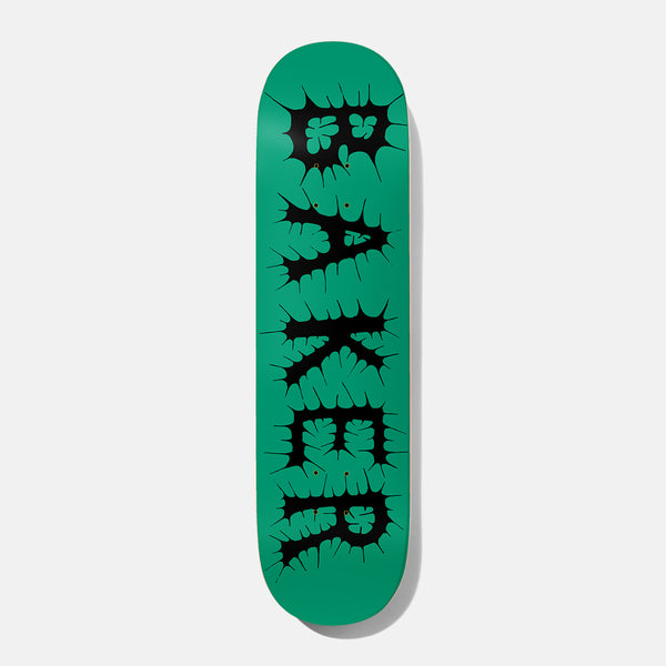 Baker Zach Stitch 8.5 skateboard deck: Baker name in black spiky, stitched-looking letters stacked vertically, with green leaf-like shapes inside, on a green deck.