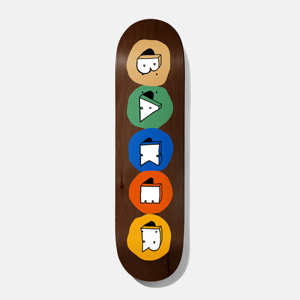 Baker Zach Subway 8.25 skateboard deck: Baker spelled out in five blocky letters with little faces, each in a coloured blob stacked down a brown wood-stained deck: tan, green, blue, orange and yellow.