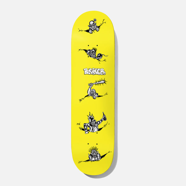 Baker Zach Whiplash 8.38 skateboard deck: Five black and white inked monster-like characters tearing through the surface of a bright yellow deck, one holding a spiked club and another falling with a bottle, with a bubble-style Baker logo in the middle.