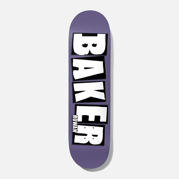 Baker Zorilla Brand Name Purple B2 8.0 skateboard deck: The Baker logo in large white block letters on black tiles, stacked vertically down a flat purple deck, with a small Rowan name beside the last letters.