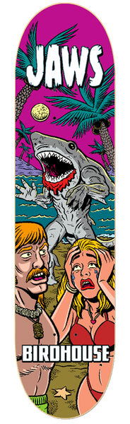 Birdhouse Aaron Jaws Homoki Mexipulp 8.38 skateboard deck: Pulp horror comic scene on a beach: a grey shark monster rears up behind a screaming blonde woman in a red bikini and a moustached man, under palm trees and a purple sky. Large JAWS lettering at the top.