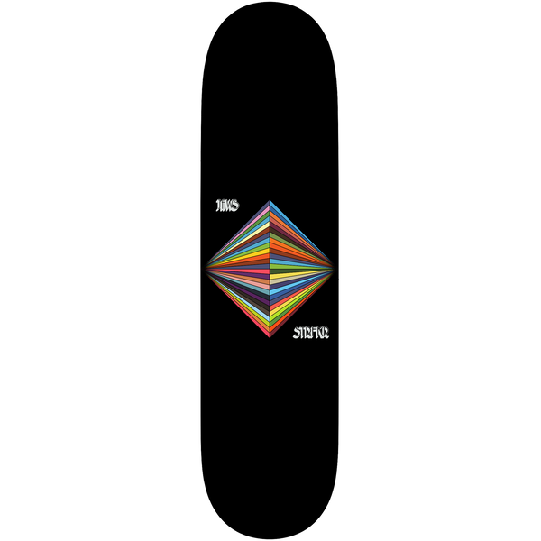 Birdhouse Aaron Jaws Homoki STRFKR 8.125 skateboard deck: Black deck with a diamond-shaped burst of multicoloured converging stripes in the centre, with small white band-style lettering at either side.