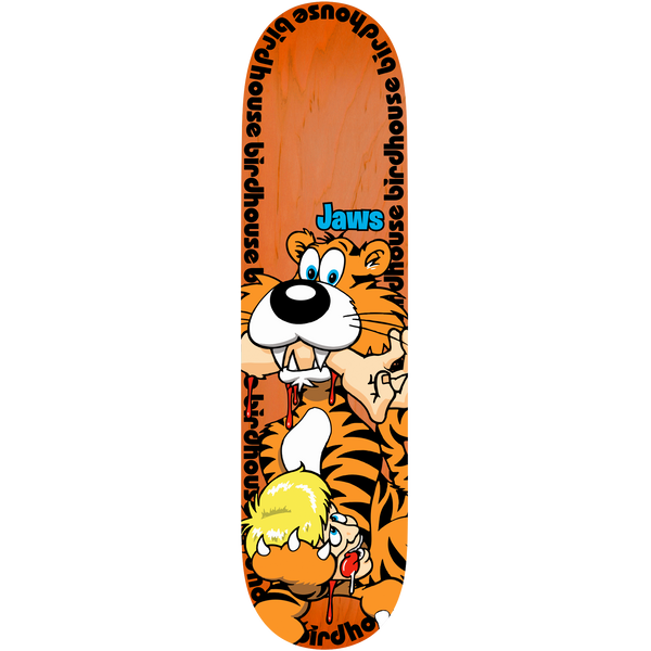 Birdhouse Aaron Jaws Homoki Tiger 8.25 skateboard deck: Cartoon tiger with bulging eyes and bloodied fangs, clutching a screaming blond child, on an orange deck. 'Jaws' appears in a blue speech tag and the Birdhouse name loops around the edge.