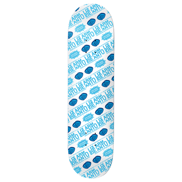 Birdhouse Armanto Blue Razz 8.25 skateboard deck: Repeating pattern of blue raspberry sweets, 'EXPLOSION OF FLAVOR' bursts and stacked 'LIZZIE ARMANTO' text in blue on white, styled like sweet wrapper packaging.