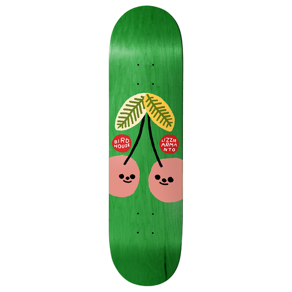 Birdhouse Armanto Cherrypicked 8.0 skateboard deck: Green deck with a simple naive drawing of two smiling pink cherries on black stems with yellow and olive leaves, and two red circular labels reading Birdhouse and Lizzie Armanto.