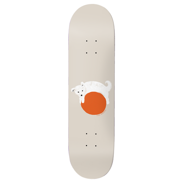 Birdhouse Armanto Dog 8.25 skateboard deck: Small white fluffy dog lying across a large orange circle on a plain beige deck, with a tiny signature beside the circle.