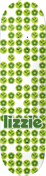 Birdhouse Armanto Floral Green 8.25 skateboard deck: Repeating retro pattern of green circles containing flowers and sprouting plants on a white deck, with rounded green lettering of the rider's first name at the bottom.