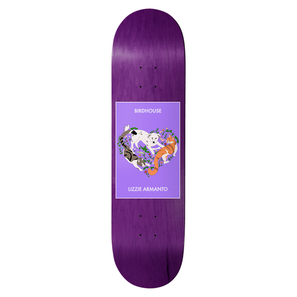 Birdhouse Armanto Friends 8.25 skateboard deck: Illustrated heart made of a dog and two cats curled together among flowers, in a lilac panel on a purple stained deck. Brand name above and rider name below the panel.
