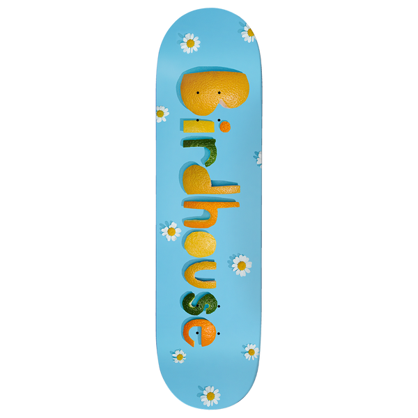 Birdhouse Armanto Fruits 8.25 skateboard deck: Light blue deck with the Birdhouse logo spelled out in real citrus peel, orange, lemon and lime, scattered with small white daisies. Photographic still-life style.