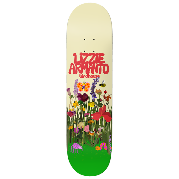 Birdhouse Armanto In Bloom 8.0 skateboard deck: A cluster of colourful wildflowers with a butterfly, bee, purple spider and striped caterpillar grows from a green grassy base on a cream deck, under red bubble lettering of the rider's name and a small Birdhouse logo.
