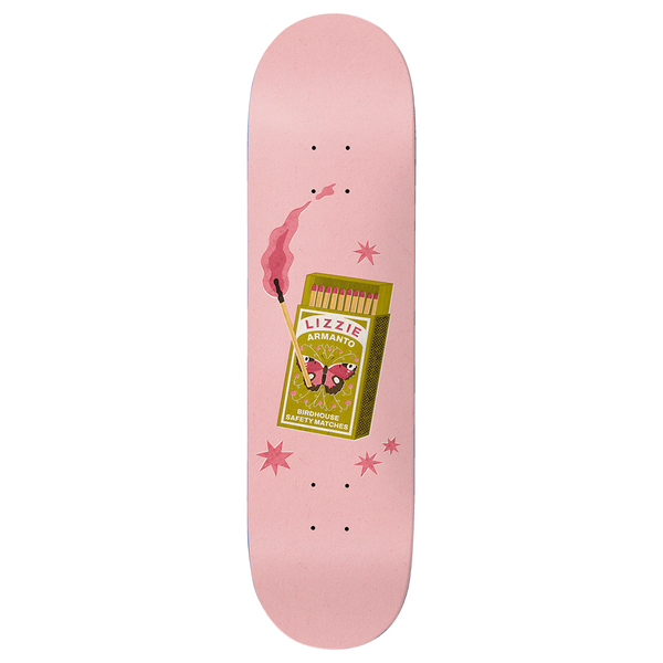 Birdhouse Armanto Matches 8.0 skateboard deck: An olive-green matchbook decorated with a red butterfly and the words 'Lizzie Armanto Birdhouse Safety Matches', beside a lit pink match with a curl of smoke and pink star shapes, on a pale pink board.