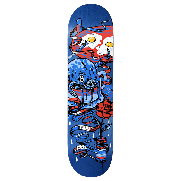 Birdhouse Armanto Octopus 8.5 skateboard deck: Blue octopus in a cup with ribbons and tentacles, fried eggs with a fork, a red rose in a firecracker and falling drops, in red, white and blue tones. Rider name on a banner.