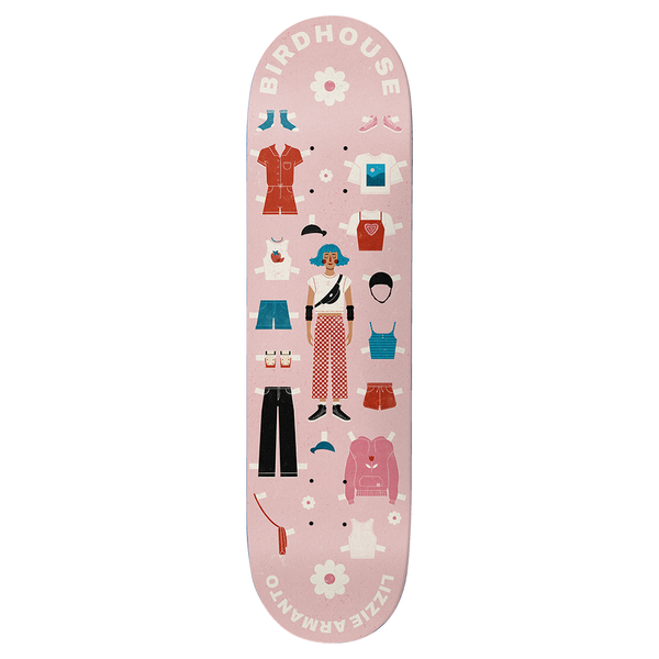 Birdhouse Armanto Paper Dolls 8.0 skateboard deck: Paper doll layout of a skater with blue hair in a checked trousers outfit, surrounded by cut-out clothes, shoes, caps and pads, on a pink deck. Birdhouse and Lizzie Armanto curve round the nose and tail with daisies.