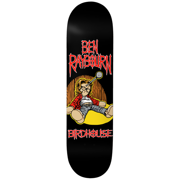 Birdhouse Ben Raybourn Pinhead 8.38 skateboard deck: Black deck with red metal-style lettering above a cartoon of a stitched, plush-toy-like boy with glasses slumped in a yellow beanbag with a nail through his head. Birdhouse in red at the bottom.