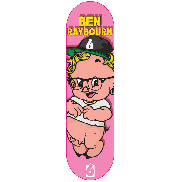 Birdhouse Ben Raybourne Porky 8.5 skateboard deck: A cartoon baby pig in glasses, a white T-shirt and a black cap, with blonde curly hair, on a pink deck, with the rider's name in yellow capitals at the top and a Birdhouse logo at the tail.