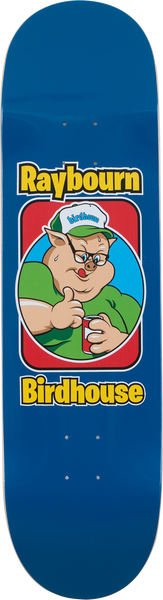 Birdhouse Ben Raybourn Old School skateboard deck: Cartoon pig in a green shirt and cap giving a thumbs-up while holding a can, framed in a rounded red-bordered panel on a blue deck. Yellow lettering above and below.