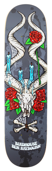 Birdhouse Ben Raybourn Shrine skateboard deck: Horned animal skull with three dripping blue candles, red roses and crossed bones tied with string, with cobwebs, on a mottled grey background. Birdhouse and rider name at the bottom.