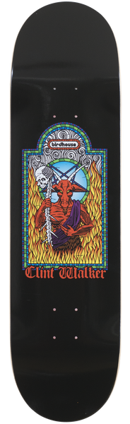 Birdhouse Clint Walker Evil skateboard deck: Stained-glass-style window showing a red horned devil holding a skull-topped staff amid flames, on a black deck. Birdhouse logo at the top of the arch and rider name in red gothic lettering below.