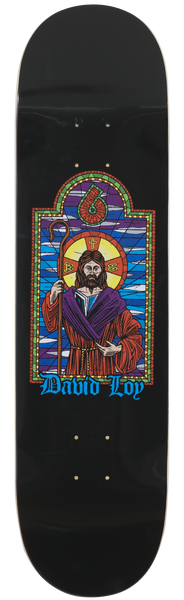 Birdhouse David Loy Good skateboard deck: Stained-glass window style image of a robed shepherd figure with a halo and crook against a blue sky, under an arch with a number six. Rider name in blue gothic lettering, on black.