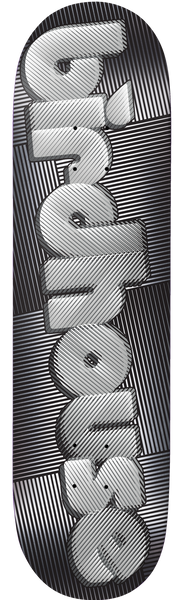 Birdhouse Blur 8.0 (Chrome Foil) skateboard deck: Chunky lower-case 'birdhouse' lettering in white and silver, with a 3D bubble look, over a chrome foil background of fine diagonal and crossed line texture.