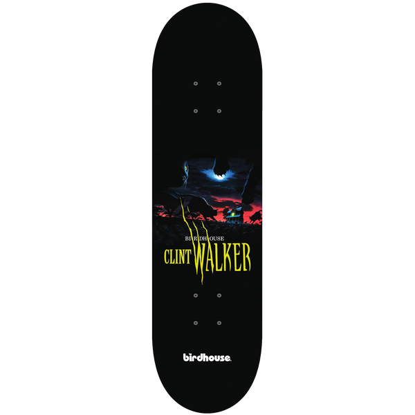 Birdhouse Clint Walker Sleepwalker 8.5 skateboard deck: A horror-film-poster style panel in the middle of a black deck: a full moon, a dark red sky, a lit house and clawed shapes. Yellow claw-scratch lettering spells the rider's name, with a small Birdhouse logo at the tail.