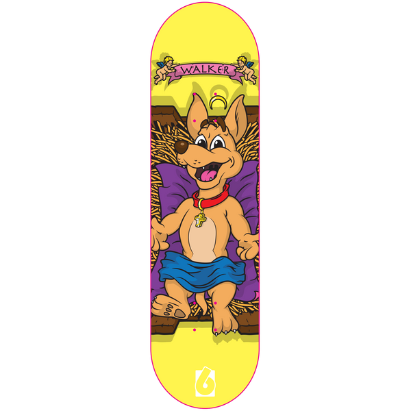 Birdhouse Clint Walker Sweet Prince 8.38 skateboard deck: A cartoon dog-like kangaroo dressed as the infant Jesus lies on a purple cushion in a hay-filled manger, wearing a red collar with a cross and a blue loincloth. A halo hovers above, and cherubs hold a pink banner reading 'Walker'. The yellow deck has a small logo at the tail.