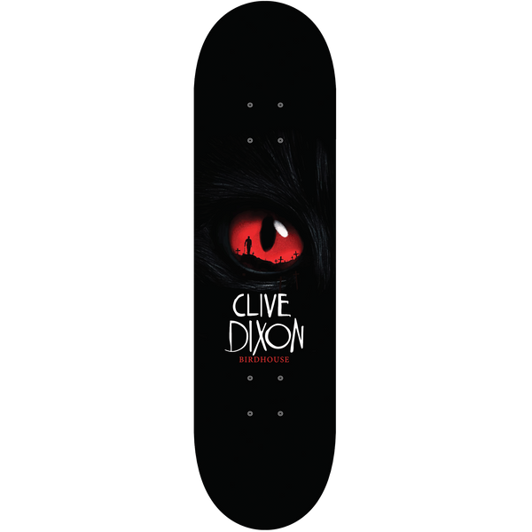 Birdhouse Clive Dixon Semetary 8.38 skateboard deck: Black deck with a close-up of a glowing red cat's eye in which a small silhouetted figure stands among crosses on a hill. Clive Dixon in white thin lettering with Birdhouse in red beneath.