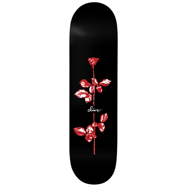 Birdhouse Clive Dixon Violation 8.25 skateboard deck: Black deck with a red and white illustrated rose on a long stem with leaves, with the rider's name in white script at the centre of the stem.
