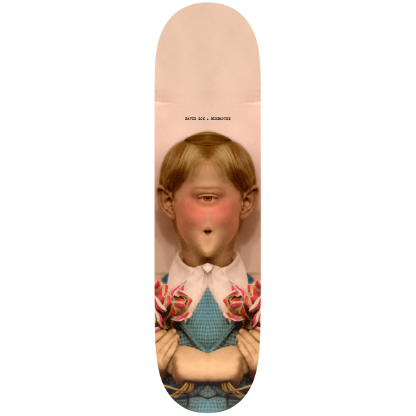 Birdhouse David Loy Beautiful Mutants 8.0 skateboard deck: Tinted vintage-style photo of a fair-haired boy in a blue knitted jumper and white collar, with a single central eye, no nose and a small round mouth, holding roses. Small typewriter text above on a pale pink ground.