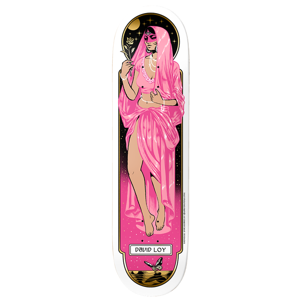 Birdhouse David Loy Divine Aura 8.5 skateboard deck: A veiled woman in flowing pink drapery holds a rose within an ornate black and gold arched frame set with stars and a moon, with a butterfly at the foot. The name sits in a plaque on a white deck.