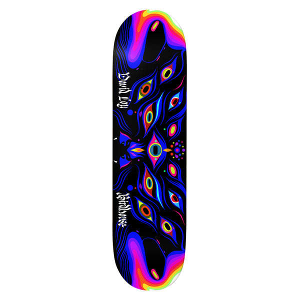 Birdhouse David Loy Entities 8.475 skateboard deck: Symmetrical psychedelic pattern of many eyes and flowing wavy lines in neon blue, orange and green on black, with rainbow gradient swirls at nose and tail. Rider name and Birdhouse in white gothic lettering.