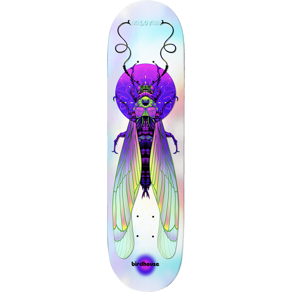 Birdhouse David Loy Ilham Insects 8.5 skateboard deck: Large iridescent purple and green cicada-like insect with translucent wings and curling antennae, in front of a purple disc, on a pearly holographic white deck.