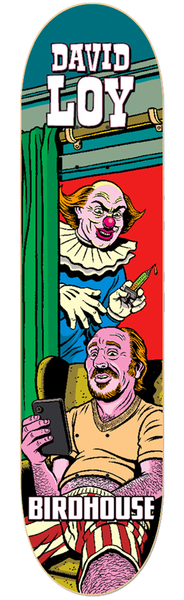 Birdhouse David Loy Mexipulp 8.25 skateboard deck: Pulp-comic style scene of a man in a yellow jumper and striped shorts on a train seat, looking at a phone while a creepy clown with a syringe peers round the curtain behind him.