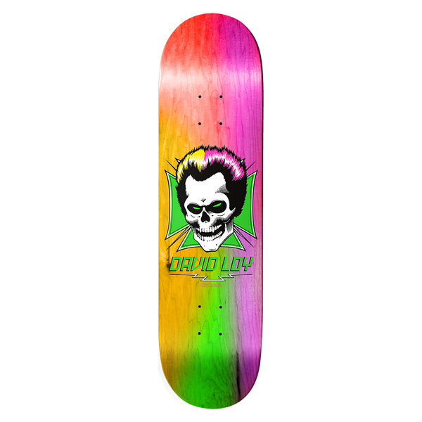 Birdhouse David Loy Skull Rainbow 8.38 skateboard deck: Skull with a quiff of black, pink and yellow hair set on a green iron cross, with the rider name in green below, on a rainbow-stained deck fading from red through orange, green and purple.
