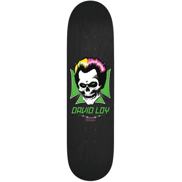 Birdhouse David Loy Skull 8.38 skateboard deck: Skull with green eyes, a quiff dyed yellow on one side and pink on the other, set in front of a green iron cross with a lightning bolt, with the rider's name beneath, on black.