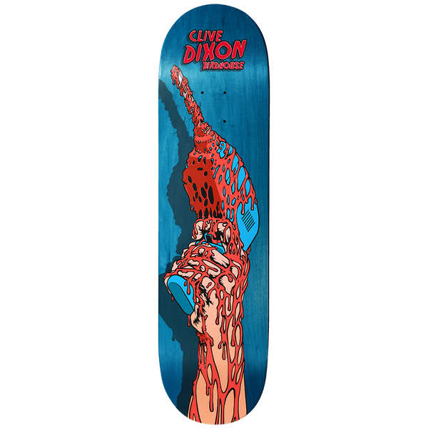 Birdhouse Dixon Blood Drill 8.5 skateboard deck: Blue-stained deck with a hand gripping a power drill, all covered in dripping red blood and gore. Red rider name and Birdhouse text sit at the top.