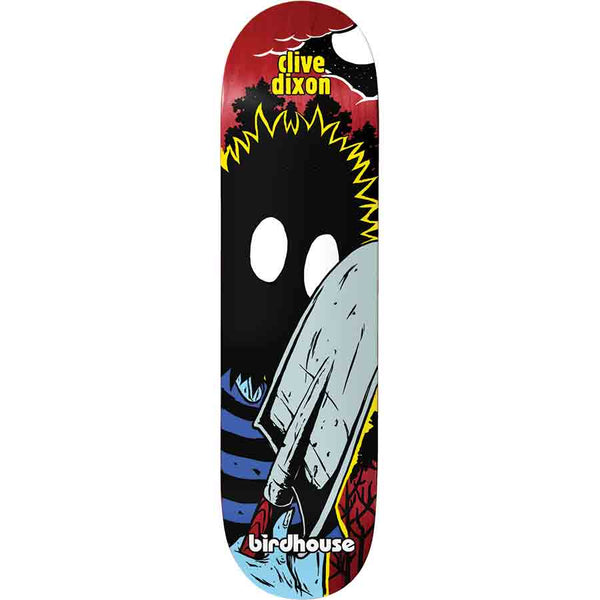 Birdhouse Dixon Digger 8.5 skateboard deck: Black silhouetted hooded figure with wide white eyes and a yellow zigzag outline, holding a large shovel, against a night sky with moon and trees. Rider's name at the top and brand logo at the tail.