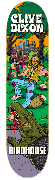 Birdhouse Clive Dixon Mexipulp 8.0 skateboard deck: Pulp-comic scene in a city park: a long-haired hippie in patched flares being attacked by an alligator that has a bloodied arm in its jaws, while two musicians play guitar behind him.