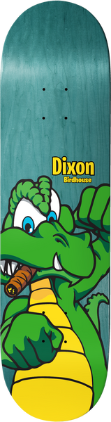 Birdhouse Dixon Remix 8.5 skateboard deck: A cartoon green crocodile with a cigar in its mouth and raised fists, wearing a yellow belly, on a teal wood-stain deck. Dixon and Birdhouse are in black on a yellow label.