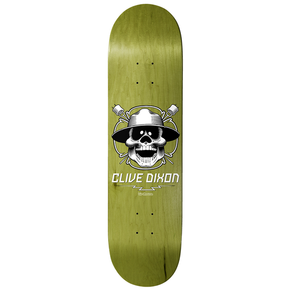 Birdhouse Dixon Skull 8.5 skateboard deck: Black and white skull in a wide-brimmed hat and dark glasses, with crossed marshmallow sticks behind and a lightning bolt beneath, on an olive green stained deck. CLIVE DIXON in white capitals.