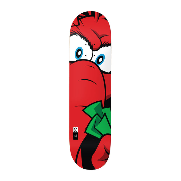 Birdhouse David Loy Big Red XL 8.5 skateboard deck: Close-up of a giant red cartoon character's angry blue-ringed eyes and huge red nose over a green bundle of cash, filling the deck, with a small Birdhouse 6 logo label at the tail.