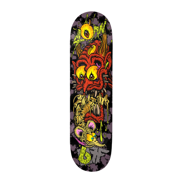 Birdhouse Elliot Sloan Fallen x Birdhouse 8.5 skateboard deck: Cartoon red horned demon with several yellow eyeballs and bony spikes, clutching a skeletal yellow fish-like creature with slime dripping around, on a dark purple splattered background, with graffiti-style lettering.