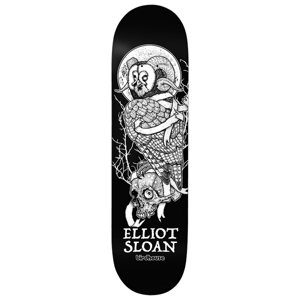 Birdhouse Elliot Sloan Owl 8.5 skateboard deck: Black and white pen-style illustration of a horned owl-headed creature with a ram's horns perched on a skull, wrapped in ribbons before a pale moon and bare branches. ELLIOT SLOAN and the Birdhouse logo are printed below.