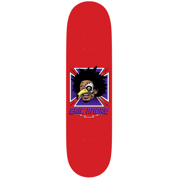 Birdhouse Eric Andre Guest Model 8.5 skateboard deck: Red deck with a central badge of a cartoon man with big black hair, half-robotic eye and a yellow toucan-style beak, in front of a purple Iron Cross. Purple name lettering below.