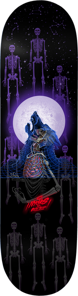 Birdhouse Elliot Sloan Nychos 8.5 skateboard deck: Dark night scene of a skeletal werewolf howling in front of a large purple full moon, surrounded by standing purple skeletons and constellations, with a neon grid below. A red signature logo sits near the bottom.